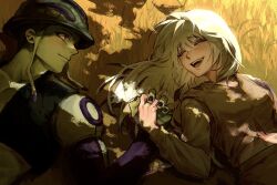 Rule 34 | 1boy, 1girl, blush, butn 0925, closed eyes, colored skin, couple, green skin, highres, holding hands, hunter x hunter, komugi (hunter x hunter), korean commentary, long hair, looking at another, meruem, monster boy, on grass, open mouth, smile, white hair