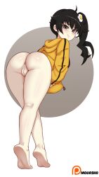 Rule 34 | 1girl, :t, absurdres, ahoge, anus, araragi karen, artist name, ass, barefoot, bent over, black eyes, black hair, black shirt, blush, bottomless, breasts, brown background, cleft of venus, closed mouth, commission, egg hair ornament, embarrassed, food-themed hair ornament, fried egg, hair ornament, hands in pockets, heel up, highres, hood, hood down, jacket, leaning forward, long hair, long sleeves, looking at viewer, looking back, medium breasts, monogatari (series), moursho, nisemonogatari, open clothes, open jacket, patreon logo, pout, pussy, shiny skin, shirt, side ponytail, single vertical stripe, soles, solo, track jacket, two-tone background, white background, yellow jacket, zipper pull tab