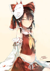 Rule 34 | 1girl, artist name, bare shoulders, beige background, black hair, bow, cowboy shot, crop top, dated, detached sleeves, fox mask, frilled bow, frills, hair between eyes, hair bow, hair tubes, hakurei reimu, highres, long sleeves, looking at viewer, mask, mask on head, midriff, miniskirt, navel, neckerchief, red bow, red eyes, red skirt, sakusyo, sarashi, short hair, sidelocks, signature, simple background, skirt, solo, stomach, touhou, translation request, wide sleeves, yellow neckerchief