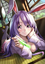 Rule 34 | 1girl, animal ears, bad id, bad pixiv id, blush, breasts, rabbit ears, dress shirt, female focus, large breasts, long hair, looking at viewer, lying, on stomach, purple hair, red eyes, reisen udongein inaba, shirt, skirt, smile, solo, test tube, touhou, unowen, white legwear