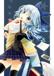 Rule 34 | 1girl, alternate costume, bad id, bad pixiv id, bag, black thighhighs, blue eyes, blue hair, blush, book, bow, cellphone, cirno, dropping, hair bow, ice, ice wings, looking back, matching hair/eyes, notebook, nunucco, open bag, open mouth, phone, plaid, plaid skirt, ruler, school bag, school uniform, short hair, skirt, smartphone, solo, star (symbol), sweater vest, test score, thighhighs, touhou, wings, zettai ryouiki