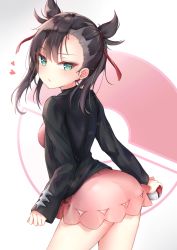 Rule 34 | 1girl, aqua eyes, ass, asymmetrical bangs, asymmetrical hair, bad id, bad pixiv id, beliatan, black hair, black jacket, blush, breasts, commentary request, creatures (company), dress, earrings, game freak, hair ribbon, heart, highres, holding, holding poke ball, jacket, jewelry, long sleeves, looking at viewer, marnie (pokemon), nintendo, pink dress, poke ball, poke ball (basic), poke ball symbol, pokemon, pokemon swsh, red background, red ribbon, ribbon, simple background, solo, twintails, white background