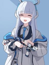 Rule 34 | 1girl, 3174, blue archive, blue background, blue necktie, blunt bangs, closed eyes, collared shirt, facing viewer, gun, halo, handgun, headphones, highres, holding, holding gun, holding weapon, id card, jacket, long hair, long sleeves, necktie, noa (blue archive), off shoulder, open mouth, shaded face, shirt, sidelocks, sig sauer p320, solo, trigger discipline, two-sided fabric, two-sided jacket, upper body, weapon, white jacket, white shirt