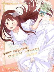 Rule 34 | 1girl, 2023, absurdres, belt, blush, bouquet, bow, bracelet, breasts, brown eyes, brown hair, character name, dress, earrings, flower, green nails, hairband, happy birthday, highres, holding, holding bouquet, idolmaster, idolmaster million live!, idolmaster million live! theater days, jewelry, long hair, looking at viewer, applying manicure, medium breasts, nail polish, one eye closed, open mouth, pendant, ribbon, see-through, see-through sleeves, shiro (ongrokm), short sleeves, smile, solo, tanaka kotoha, white dress
