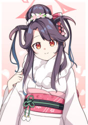 Rule 34 | 1girl, black hair, black horns, blue archive, blush, closed mouth, demon horns, flower, fur-trimmed kimono, fur trim, fuuka (blue archive), fuuka (new year) (blue archive), hair flower, hair ornament, halo, horns, japanese clothes, kimono, long hair, long sleeves, looking at viewer, moja (moja4192), obi, official alternate costume, pink flower, pink halo, red eyes, sash, smile, solo, white kimono, wide sleeves