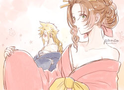 Rule 34 | 1boy, 1girl, aerith gainsborough, alternate costume, ancotsubu, bandaged chest, bare shoulders, blonde hair, blush, breasts, brown hair, cleavage, closed eyes, cloud strife, crossdressing, final fantasy, final fantasy vii, final fantasy vii remake, green eyes, grey kimono, hair ornament, hair ribbon, hair stick, hair up, highres, japanese clothes, kimono, long hair, long sleeves, medium breasts, parted bangs, pink kimono, pink ribbon, ribbon, single sidelock, spiked hair, sweatdrop, twitter username, upper body, wide sleeves