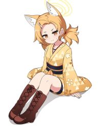 Rule 34 | 1girl, animal ears, blonde hair, blue archive, blush, boots, brown footwear, closed mouth, commentary request, cross-laced footwear, extra, full body, hair ornament, hairclip, halo, highres, japanese clothes, kimono, long sleeves, medium hair, nanju bami, obi, sash, short twintails, simple background, solo, street mouryo (rl) (blue archive), twintails, white background, wide sleeves, yellow eyes, yellow halo, yellow kimono
