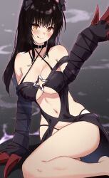 Rule 34 | 1girl, :q, bare legs, bare shoulders, barefoot, black collar, black dress, black gloves, black hair, black horns, blush, breasts, brown eyes, cleavage, clothing cutout, collar, commentary request, commission, cosplay, dark persona, dress, elbow gloves, gloves, highres, horns, konjiki no yami, konjiki no yami (cosplay), kotegawa yui, large breasts, long hair, murio, navel, navel cutout, sitting, skeb commission, solo, thighs, to love-ru, to love-ru darkness, tongue, tongue out, underboob, yellow eyes