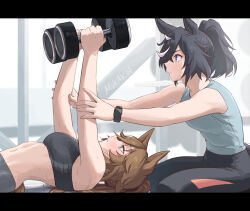 Rule 34 | 2girls, alternate costume, alternate hairstyle, animal ears, artist name, bare shoulders, black sports bra, blue eyes, breasts, brown hair, closed mouth, commentary request, dumbbell, exercising, from side, hair between eyes, highres, horse ears, horse girl, horse tail, katsuragi ace (umamusume), long hair, lying, medium breasts, medium hair, mr. c.b. (umamusume), mukakin, multicolored hair, multiple girls, navel, on back, ponytail, short sleeves, smartwatch, sports bra, sportswear, streaked hair, sweat, tail, umamusume, watch, white hair, wristwatch