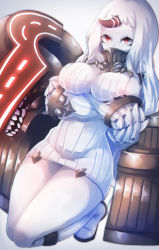 Rule 34 | 10s, 1girl, 307, abyssal ship, boots, breast hold, breasts, claws, colored skin, detached sleeves, dress, horns, kantai collection, large breasts, long hair, red eyes, ribbed dress, ribbed sweater, seaport princess, short dress, single horn, solo, sweater, sweater dress, thighs, totoya z, turtleneck, white hair, white skin