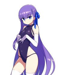 Rule 34 | 1girl, bare shoulders, blue eyes, chan co, contrapposto, covered navel, elbow gloves, fate/extra, fate/extra ccc, fate (series), flat chest, gloves, hair ribbon, leotard, long hair, looking at viewer, meltryllis (fate), own hands together, purple hair, ribbon, simple background, solo, thighhighs, very long hair, white background, white gloves, white thighhighs