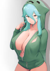 Rule 34 | 1girl, arm behind back, blue hair, breasts, brown eyes, cleavage, collarbone, commission, creeper, curvy, green hoodie, hair between eyes, highres, hood, hoodie, large breasts, light blue hair, long hair, looking at viewer, minecraft, moebell, naked hoodie, no bra, pixiv commission, thighs, torn clothes, unzipped