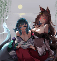 Rule 34 | 2girls, absurdres, animal ears, blue eyes, blue hair, blue nails, breasts, brooch, brown hair, cleavage, dress, drill hair, drill sidelocks, eyelashes, fins, green kimono, head fins, highres, imaizumi kagerou, japanese clothes, jewelry, kimono, lake, leaf, long hair, long sleeves, mermaid, monster girl, moon, multiple girls, nail polish, night, off-shoulder dress, off shoulder, raptor7, red eyes, red nails, sidelocks, smile, touhou, wakasagihime, white dress, willow, wolf ears