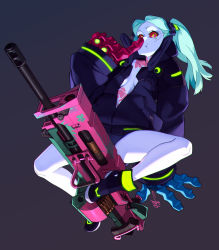 Rule 34 | 1girl, aqua hair, black background, black footwear, black jacket, closed mouth, cyberpunk (series), cyberpunk edgerunners, feguimel, finger to mouth, gun, highres, jacket, legs, looking at viewer, mechanical arms, rebecca (cyberpunk), red eyes, short hair, simple background, solo, twintails, weapon