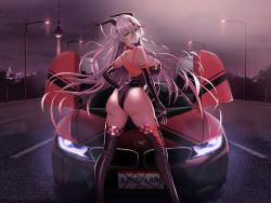 Rule 34 | absurdres, aegir (azur lane), ass, azur lane, backless leotard, breasts, cross-laced clothes, demon horns, detached collar, elbow gloves, fingerless gloves, from behind, gloves, highres, horns, kcar66t, lamppost, large breasts, leotard, mechanical horns, multicolored hair, night, race queen, race vehicle, racetrack, sideboob, sky, star (sky), starry sky, streaked hair, thighhighs, yellow eyes