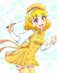 Rule 34 | 1girl, :d, blonde hair, blunt bangs, blush, cowboy shot, dress, frilled sleeves, frills, hairband, hat, highres, holding, holding pen, kaatsu katsurou, kise yayoi, lavalliere, leaning forward, long hair, long sleeves, looking at viewer, open mouth, pen, pinafore dress, pleated dress, precure, shirt, short dress, simple background, sleeveless, sleeveless dress, smile, smile precure!, solo, standing, striped clothes, striped thighhighs, thighhighs, white background, white hairband, white shirt, yellow dress, yellow eyes, yellow headwear, yellow neckwear, yellow thighhighs, zettai ryouiki