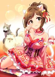 Rule 34 | 1girl, :3, absurdres, animal ears, arm support, bare shoulders, bell, black corset, blush, breasts, brown hair, cat, cat ears, cat tail, cleavage, collar, collarbone, corset, cushion, detached collar, dot nose, dress, fake animal ears, fake tail, fang, frilled collar, frilled dress, frills, gradient background, green eyes, hair bell, hair ornament, hair ribbon, hand up, highres, idolmaster, idolmaster cinderella girls, idolmaster cinderella girls starlight stage, jingle bell, large breasts, layered dress, lens flare, long sleeves, looking at viewer, lying, maekawa miku, multicolored nails, on side, paw pose, pink collar, pink dress, pink ribbon, plum blossom print, print dress, red ribbon, ribbon, ribbon-trimmed dress, sandals, short hair, smile, solo, sparkle, strapless, strapless dress, swepot, tabi, tail, tail ornament, tail ribbon, two-tone background, wide sleeves, zabuton, zouri