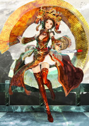 Rule 34 | 1girl, brown hair, cai wenji, chinese clothes, cleavage cutout, clothing cutout, detached sleeves, folded fan, folding fan, full body, hair ornament, hand fan, len brew, original, red eyes, red thighhighs, sangokushi taisen, solo, standing, standing on one leg, thighhighs