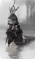Rule 34 | 1girl, ahoge, arknights, black gloves, closed mouth, crocodilian tail, detached sleeves, dream catcher, fog, gloves, goggles, goggles around neck, grey hair, hara shoutarou, highres, holding, holding staff, hood, hood up, large tail, outdoors, partially fingerless gloves, partially submerged, pointy ears, solo, staff, tail, tomimi (arknights), water, yellow eyes