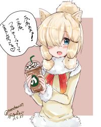 Rule 34 | 10s, 1girl, :d, alpaca ears, alpaca suri (kemono friends), animal ears, blonde hair, blue eyes, blush, brand name imitation, coffee, cup, disposable cup, drinking straw, frappuccino, fur collar, fur trim, hair over one eye, heart, holding, japari symbol, kemono friends, long sleeves, looking at viewer, nochan, open mouth, shirt, sketch, smile, solo, speech bubble, starbucks, translation request, twitter username, upper body, whipped cream, yellow shirt