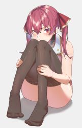 Rule 34 | 1girl, ass, covering own mouth, feet, hair ribbon, highres, hololive, houshou marine, hugging own legs, knees to chest, looking at viewer, medium hair, no shoes, open mouth, red hair, reulem, ribbon, simple background, sitting, solo, thighhighs, thighs, twintails, virtual youtuber, white background