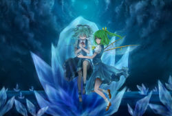 Rule 34 | 2girls, ankle cuffs, bad id, bad pixiv id, barefoot, blouse, blue eyes, blue hair, blue theme, bow, cirno, crystal, daiyousei, embodiment of scarlet devil, from side, frozen, green hair, hair bow, ice, multiple girls, shirt, short hair, side ponytail, touhou, white shirt, wings, yuina (artist)