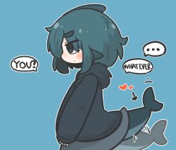 Rule 34 | ..., 1girl, afterimage, arrow (symbol), black hoodie, blue background, blue eyes, blue hair, blush, commentary request, english text, fins, fish tail, from side, fuka-chan, grey skirt, hair between eyes, heart, highres, hood, hood down, hoodie, long sleeves, motion lines, original, profile, puffy long sleeves, puffy sleeves, shark tail, short eyebrows, simple background, skirt, sleeves past wrists, solo, speed lines, spoken ellipsis, tail, tail wagging, thick eyebrows, tsundere, uni souchou