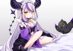 Rule 34 | 1girl, ankle cuffs, bare legs, black skirt, blush, center frills, closed mouth, commentary request, crow (la+ darknesss), demon horns, detached sleeves, frilled hairband, frilled skirt, frills, hair between eyes, hairband, hand up, highres, hololive, horns, la+ darknesss, long hair, long sleeves, pointy ears, shirt, silver hair, simple background, sitting, skirt, solo, tail, tail raised, very long hair, virtual youtuber, white background, white shirt, yanagi uraba, yellow eyes