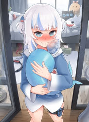 Rule 34 | 1girl, after insertion, anal tail, bed, blue eyes, blue hair, blunt bangs, blush, bottle, butt plug, closed mouth, commentary, curtains, fake tail, fins, fish tail, gawr gura, hair ornament, heart, heart-shaped pupils, highres, holding, hololive, hololive english, hood, hood down, hoodie, indoors, joy-con, kermit the frog, long sleeves, looking at viewer, merrytail, multicolored hair, muppets, pussy juice, ring-con, ring fit adventure, robotic vacuum cleaner, sex toy, streaked hair, stuffed animal, stuffed shark, stuffed toy, sweat, symbol-shaped pupils, tail, tears, tissue box, two side up, virtual youtuber, water bottle, wavy mouth, white hair, window