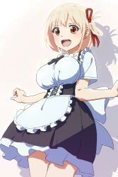 Rule 34 | 1girl, absurdres, alternate costume, apron, black skirt, blonde hair, blush, breasts, center frills, commentary, cowboy shot, enmaided, eyelashes, frilled apron, frills, hair between eyes, hair ribbon, happy, highres, large breasts, looking at viewer, lycoris recoil, maid, maid apron, nishikigi chisato, oekakiism, one side up, open mouth, petticoat, red eyes, red ribbon, ribbon, round teeth, shadow, shirt, short hair, short sleeves, sidelocks, simple background, skirt, smile, solo, standing, teeth, upper teeth only, white apron, white background, white shirt, wide-eyed