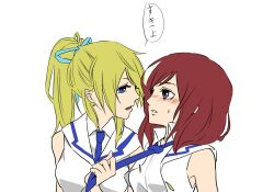 Rule 34 | 2girls, ayase eli, blonde hair, blue eyes, blue necktie, blush, breasts, commentary request, eye contact, kashikaze, long hair, looking at another, love live!, love live! school idol project, medium breasts, medium hair, multiple girls, necktie, necktie grab, neckwear grab, nishikino maki, open mouth, parted lips, ponytail, purple eyes, red hair, sailor collar, shirt, simple background, sleeveless, sleeveless shirt, speech bubble, sweatdrop, teeth, translated, upper body, upper teeth only, white background, white sailor collar, white shirt, yuri