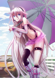 Rule 34 | 1girl, bad id, bad pixiv id, blue eyes, car, detached sleeves, holding, holding umbrella, ia (vocaloid), long hair, motor vehicle, navel, outdoors, purple hair, race queen, s.h.v, single thighhigh, solo, thighhighs, umbrella, very long hair, vocaloid