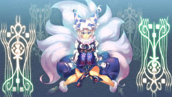 Rule 34 | 1girl, alternate color, alternate hair color, blue eyes, breasts, dress, female focus, fox tail, fur trim, hands in opposite sleeves, hat, highres, kagemaro, large breasts, multiple tails, short hair, silver hair, slit pupils, smile, solo, tail, touhou, yakumo ran