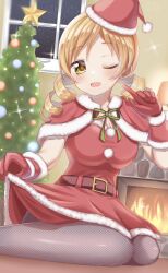 Rule 34 | 1girl, ;d, belt, black belt, blonde hair, blush, breasts, capelet, christmas, christmas ornaments, christmas tree, cleavage, clothes lift, dot nose, dress, dress lift, drill hair, fire, fireplace, fishnet pantyhose, fishnets, fur-trimmed capelet, fur-trimmed dress, fur-trimmed gloves, fur-trimmed headwear, fur trim, gloves, hat, highres, indoors, large breasts, lifted by self, looking at viewer, mahou shoujo madoka magica, neck ribbon, night, night sky, one eye closed, open mouth, pantyhose, pom pom (clothes), red capelet, red dress, red gloves, red hat, ribbon, santa costume, santa dress, santa gloves, santa hat, sitting, sky, smile, solo, sparkle, star (sky), star (symbol), starry sky, tomoe mami, twin drills, twintails, wariza, window, yellow eyes, yunagi (yng hoti)