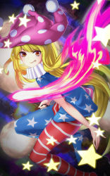 Rule 34 | 1girl, american flag dress, american flag legwear, blonde hair, blue dress, blue pantyhose, clownpiece, commentary request, dress, feet out of frame, fire, grin, hat, highres, jester cap, long hair, looking at viewer, mikami yuuki (nl8you), neck ruff, pantyhose, partial commentary, purple hat, red dress, red eyes, red pantyhose, short sleeves, smile, solo, star (symbol), star print, striped clothes, striped dress, striped pantyhose, thighs, touhou, v-shaped eyebrows, very long hair