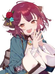 Rule 34 | absurdres, ahoge, atelier (series), atelier sophie, atelier sophie 2, backpack, bag, blue coat, brown eyes, brown ribbon, coat, collared coat, detached collar, fang, flower, hair flower, hair ornament, highres, jewelry, long sleeves, looking at viewer, necklace, noco (adamas), open mouth, plaid, plaid coat, red flower, red hair, red rose, ribbon, rose, shirt, short hair, simple background, sophie neuenmuller, two-sided coat, two-sided fabric, white background, white shirt, wide sleeves