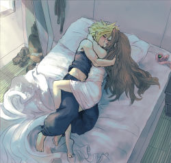 Rule 34 | 1boy, 1girl, aerith gainsborough, hug, arms around neck, barefoot, bed, blonde hair, blue pants, blue shirt, brown hair, cloud strife, couple, dress, final fantasy, final fantasy vii, final fantasy vii remake, gloves, unworn gloves, hair undone, hand in another&#039;s hair, hetero, highres, indoors, kiss, leg lock, long hair, materia, midriff, muscular, muscular male, on bed, pants, parted bangs, pillow, pink dress, pink ribbon, ribbon, shirt, shoes, unworn shoes, short hair, sidelocks, sleep junky, sleeveless, sleeveless shirt, spiked hair, square enix, window