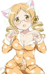 Rule 34 | 1girl, animal ears, animal print, bad id, bad pixiv id, blonde hair, blush, breasts, buttons, cat ears, cat print, cleavage, company connection, cosplay, curly hair, drill hair, glasses, hair ornament, hanekawa tsubasa, hanekawa tsubasa (cosplay), highres, hitode, large breasts, long hair, mahou shoujo madoka magica, mahou shoujo madoka magica (anime), monogatari (series), navel, pajamas, paw pose, shaft (company), solo, sparkle, tomoe mami, twintails, white background, yellow eyes