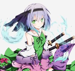 Rule 34 | 1girl, between legs, black bow, black thighhighs, blue hair, blush, bow, closed mouth, cowboy shot, detached sleeves, floral print, flower, gradient hair, green eyes, green skirt, grey background, hair between eyes, hair bow, hand between legs, konpaku youmu, konpaku youmu (ghost), looking at viewer, multicolored hair, pleated skirt, purple ribbon, ribbon, sailor collar, scabbard, sheath, sheathed, short hair, sidelocks, simple background, skirt, smile, solo, sword, thighhighs, touhou, weapon, yb mushi, zettai ryouiki
