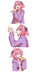Rule 34 | 1boy, absurdres, androgynous, astolfo (fate), astolfo (memories at trifas) (fate), banana peel, black bow, bow, braid, crossdressing, fate/apocrypha, fate/grand order, fate (series), fellatio, hair ribbon, hej (mugmnm51), hej (pixiv13035031), highres, hood, hoodie, jacket, long braid, long hair, long sleeves, looking at viewer, male focus, multicolored hair, navel, official alternate costume, open mouth, oral, pink hair, purple eyes, purple hoodie, purple jacket, ribbon, saliva, shirt, single braid, smile, streaked hair, striped clothes, striped shirt, tongue, trap