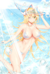 Rule 34 | 1girl, ;), absurdres, bad id, bad twitter id, bare arms, bare shoulders, bikini, blonde hair, breasts, bubble, calcio, cleavage, closed mouth, collarbone, commentary, dark magician girl, fang, green eyes, hair between eyes, hand up, hat, highres, holding, holding wand, holding weapon, large breasts, light rays, long hair, looking at viewer, navel, nipples, ocean, one eye closed, outdoors, skin fang, smile, solo, sparkle, standing, standing on one leg, string bikini, swimsuit, thighs, wand, water, weapon, wet, yu-gi-oh!, yu-gi-oh! duel monsters
