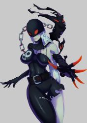 Rule 34 | 1girl, asymmetrical clothes, belt, breasts, chain, claws, colored skin, digimon, digimon (creature), elbow gloves, gloves, grey background, grey skin, highres, hip focus, ladydevimon, large breasts, lips, long hair, mask, pale skin, red eyes, simple background, skull, solo, splashbrush, stitches, thigh gap, thighs, torn clothes, very long hair, white hair