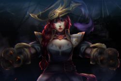 Rule 34 | 1girl, alternate costume, alternate hairstyle, braid, captain fortune, corset, dual wielding, gradient background, gun, hat, holding, league of legends, long hair, miss fortune (league of legends), no crowns for kings, pirate, pirate hat, ponytail, red hair, single braid, solo, weapon