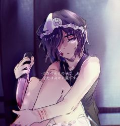 Rule 34 | androgynous, bandage on face, bandages, black shirt, blood, bloody knife, bloomers, crying, crying with eyes open, hat, holding, holding knife, knife, len&#039;en, mob cap, purple eyes, purple hair, self-harm, shirt, shitodo kuroji, short hair, tears, translation request, triangular headpiece, underwear, white bloomers