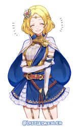 Rule 34 | 1girl, black gloves, blonde hair, blue cape, blue dress, blue skirt, blush, braid, bridal gauntlets, cape, circlet, closed eyes, closed mouth, commentary, commission, detached sleeves, dress, elbow gloves, english commentary, fire emblem, fire emblem warriors, flower, forehead, french braid, frilled skirt, frills, garter straps, gloves, gold trim, grin, hair flower, hair ornament, hairpin, hand on own arm, highres, lianna (fire emblem), multicolored clothes, nintendo, pomme (lazzledazzle), princess, short hair, simple background, skirt, sleeveless, sleeveless dress, smile, solo, sunflower, sunflower hair ornament, teeth, thighs, twitter username, two-tone cape, white background, white cape, white dress, white sleeves