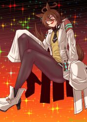 Rule 34 | 1girl, absurdres, agnes tachyon (umamusume), ahoge, animal ears, black necktie, black pantyhose, black shirt, brown hair, chemical structure, collared shirt, commentary request, crossed legs, earrings, empty eyes, high heels, highres, hituzihaneto, holding, holding test tube, horse ears, horse girl, invisible chair, jewelry, lab coat, looking at viewer, messy hair, necktie, pantyhose, red eyes, shirt, short hair, single earring, sitting, sleeves past fingers, sleeves past wrists, smile, sweater, sweater vest, test tube, umamusume, white footwear, yellow sweater
