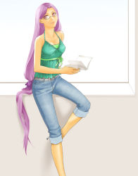 Rule 34 | 00s, 1girl, book, casual, denim, fate/stay night, fate (series), glasses, jeans, long hair, low-tied long hair, medusa (fate), medusa (rider) (fate), non-web source, pants, purple eyes, purple hair, solo, square pupils, very long hair