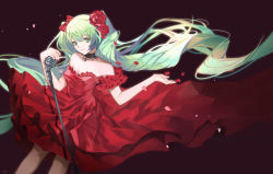Rule 34 | 1girl, absurdly long hair, black background, black choker, black nails, breasts, choker, cleavage, collarbone, dress, floating hair, flower, green eyes, green hair, hair between eyes, hair flower, hair ornament, hatsune miku, highres, holding, holding microphone stand, layered dress, long dress, long hair, medium breasts, microphone stand, nail polish, parted lips, qie, red dress, red flower, red rose, rose, sleeveless, sleeveless dress, solo, standing, strapless, strapless dress, twintails, very long hair, vocaloid