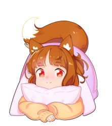 Rule 34 | 1girl, animal ears, blunt bangs, blush, brown hair, closed mouth, fluffy, fox ears, fox tail, highres, long sleeves, looking at viewer, lying, milim nova, hugging object, on stomach, original, pillow, pillow hug, red eyes, simple background, smile, solo, sweater, tail, under covers, white background, yellow sweater
