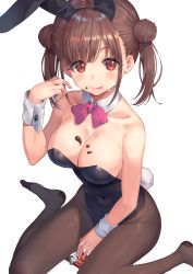 Rule 34 | 1girl, animal ears, arm up, black leotard, black pantyhose, bow, bowtie, breasts, brown eyes, brown hair, candy, chocolate, chocolate bar, chocolate on body, chocolate on breasts, chocolate on face, cleavage, collar, collarbone, commentary request, cuff links, detached collar, double bun, fake animal ears, fake tail, food, food on body, food on face, hair bun, hairband, highres, idolmaster, idolmaster cinderella girls, large breasts, leotard, light blush, looking at viewer, pantyhose, pink bow, pink bowtie, playboy bunny, rabbit ears, rabbit tail, rangen, sidelocks, simple background, sitting, sleeveless, solo, sonoda chiyoko, strapless, tail, twintails, wariza, white background, white collar, wrist cuffs